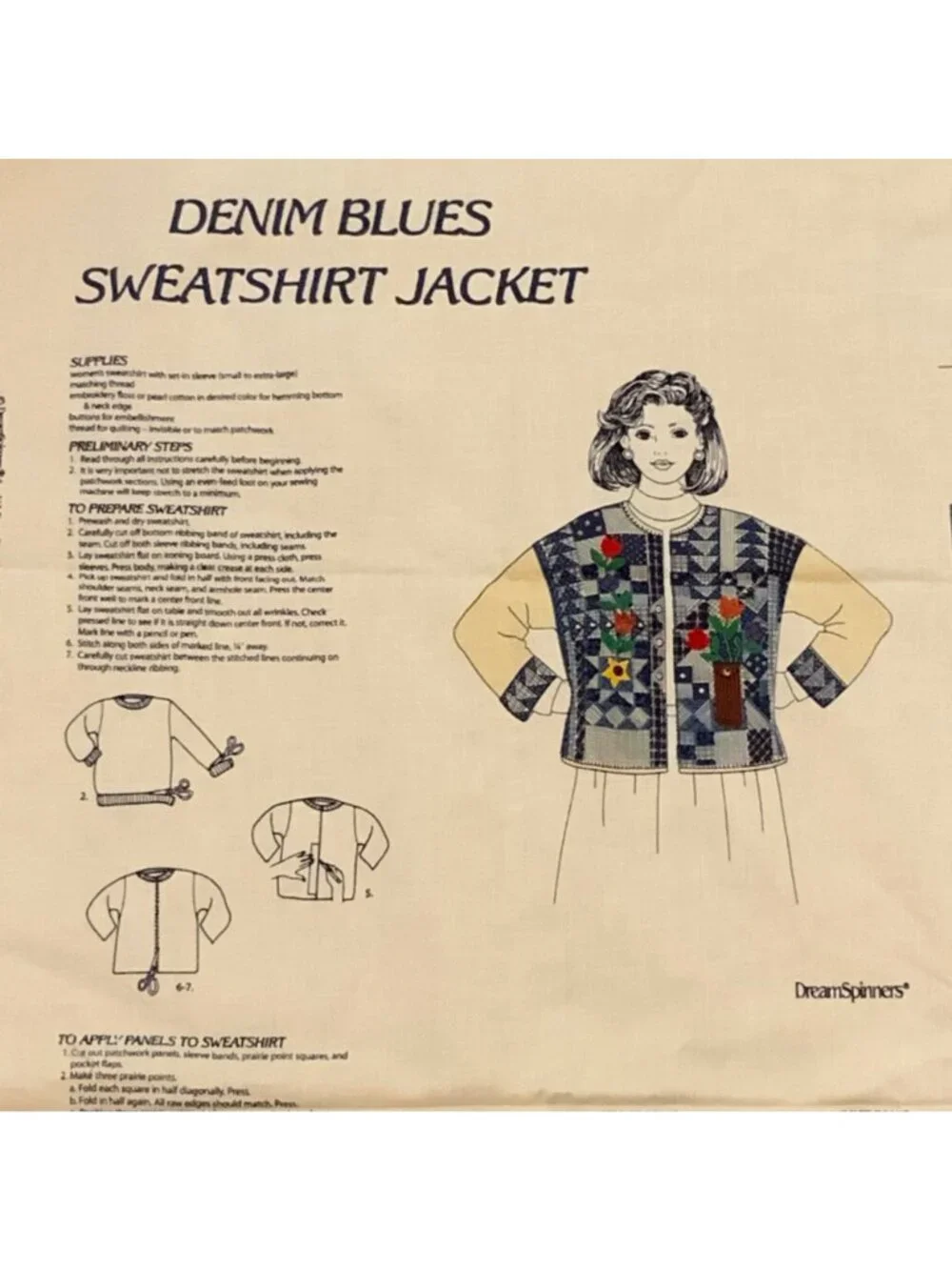 Denim Blues Sweatshirt Jacket Cut and Sew Fabric Panel Patchwork Tulips Stars